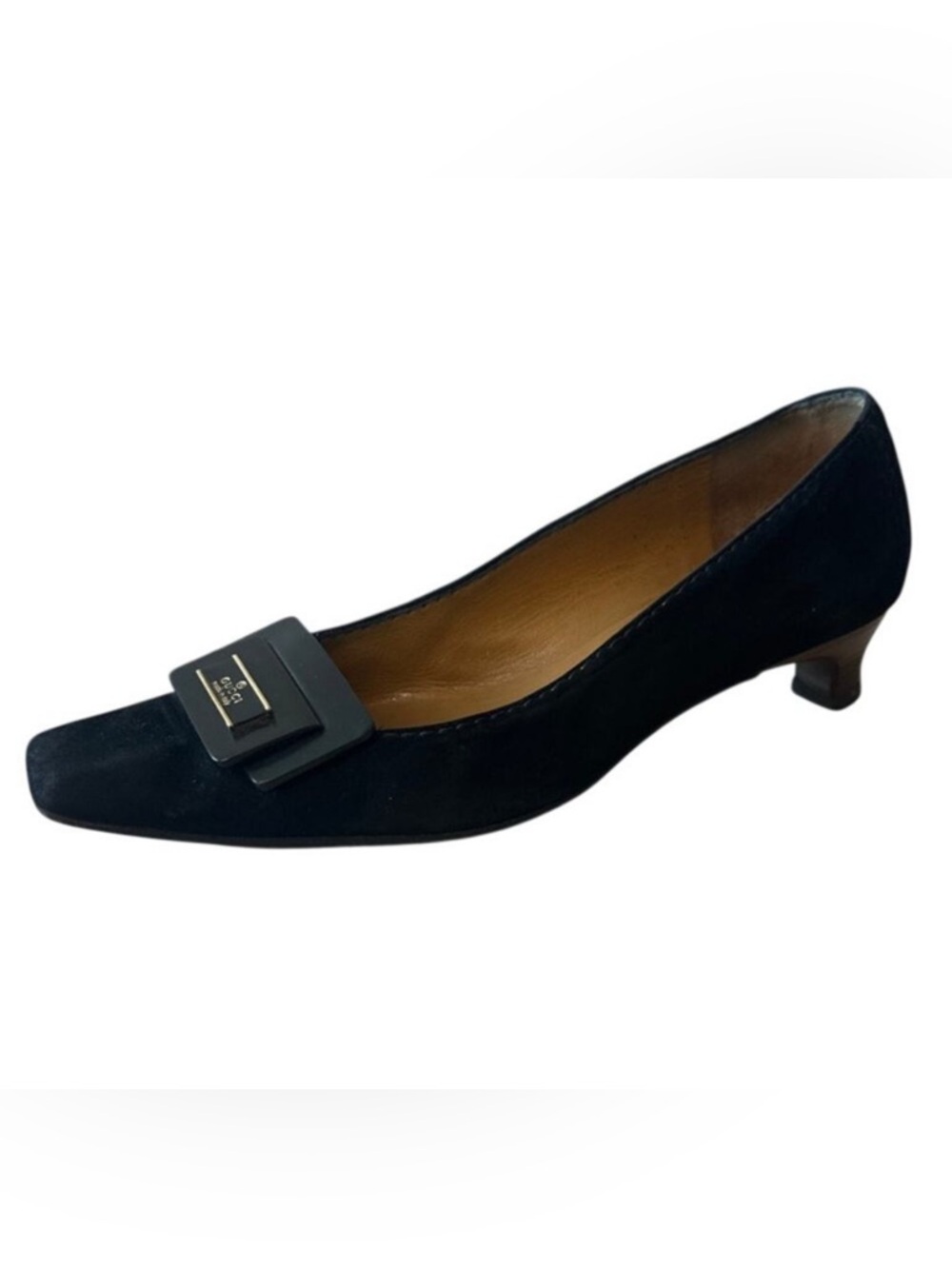 Vintage Gucci‎ Black Suede Square Toe Kitten Heels Logo 36